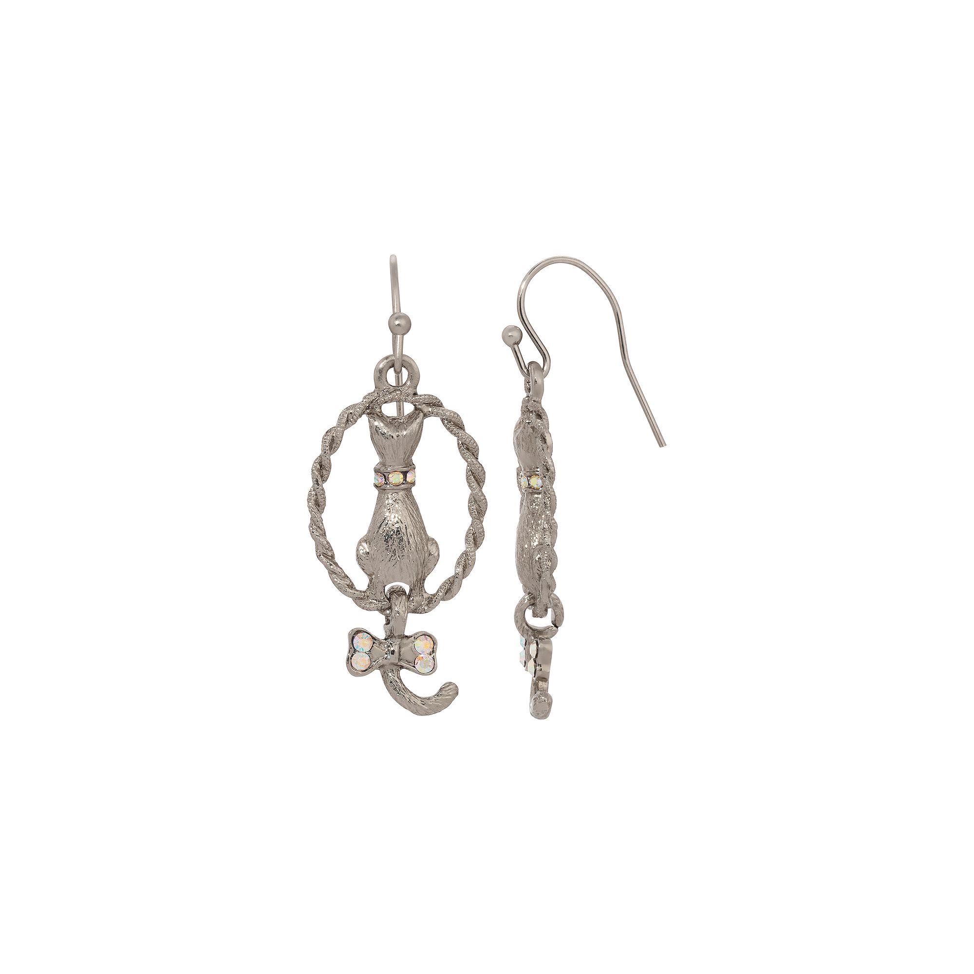 1928 Silver Tone Glass Crystal Cat Wire Earrings, Womens, White