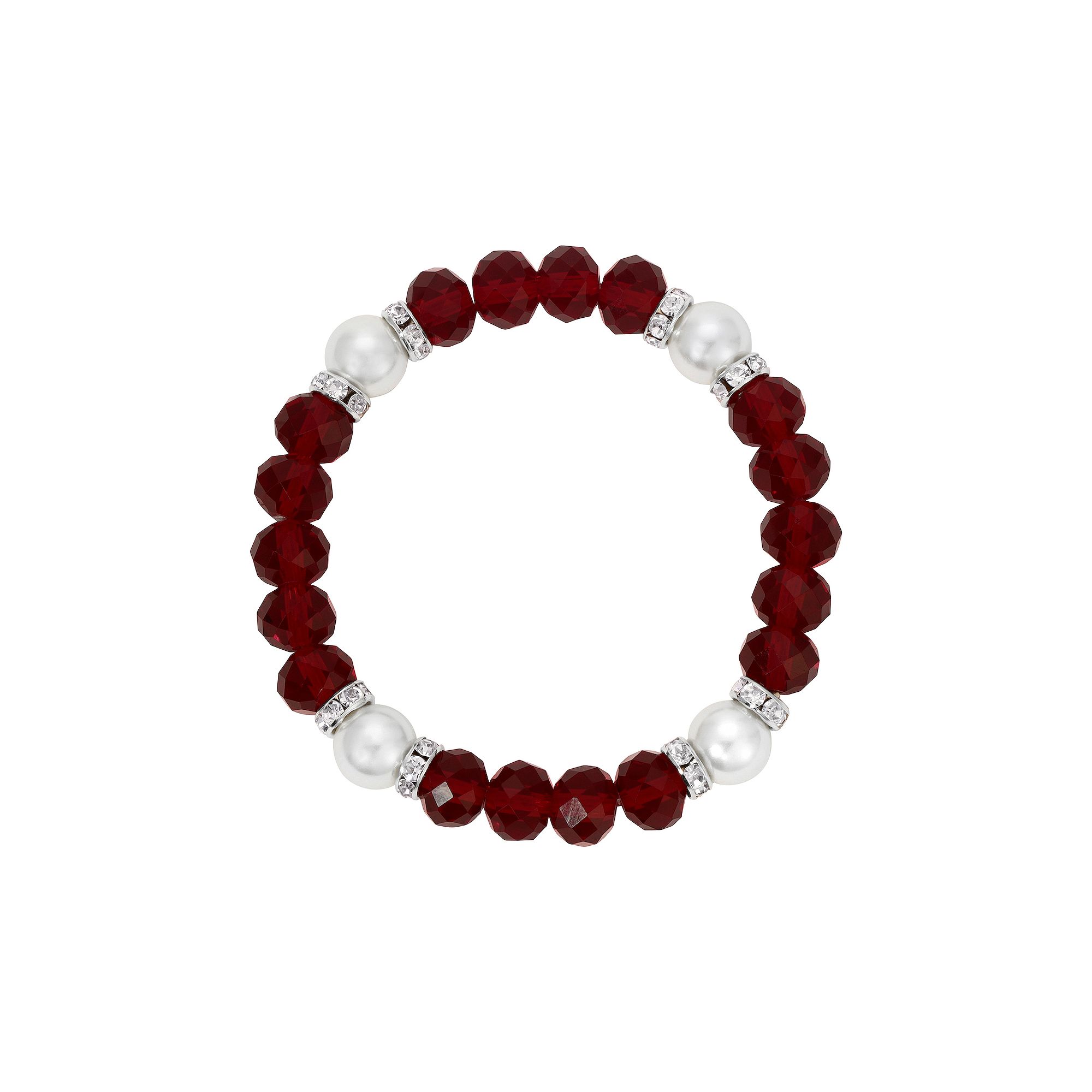 1928 Red Crystal Glass Bead & Faux Pearl Stretch Bracelet, Womens