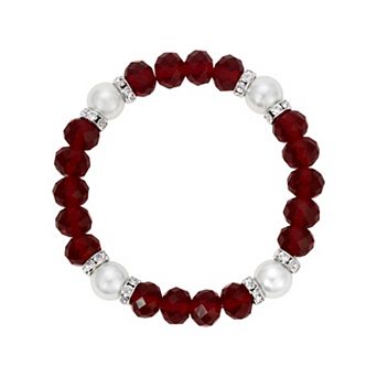 1928 Red Crystal Glass Bead & Faux Pearl Stretch Bracelet