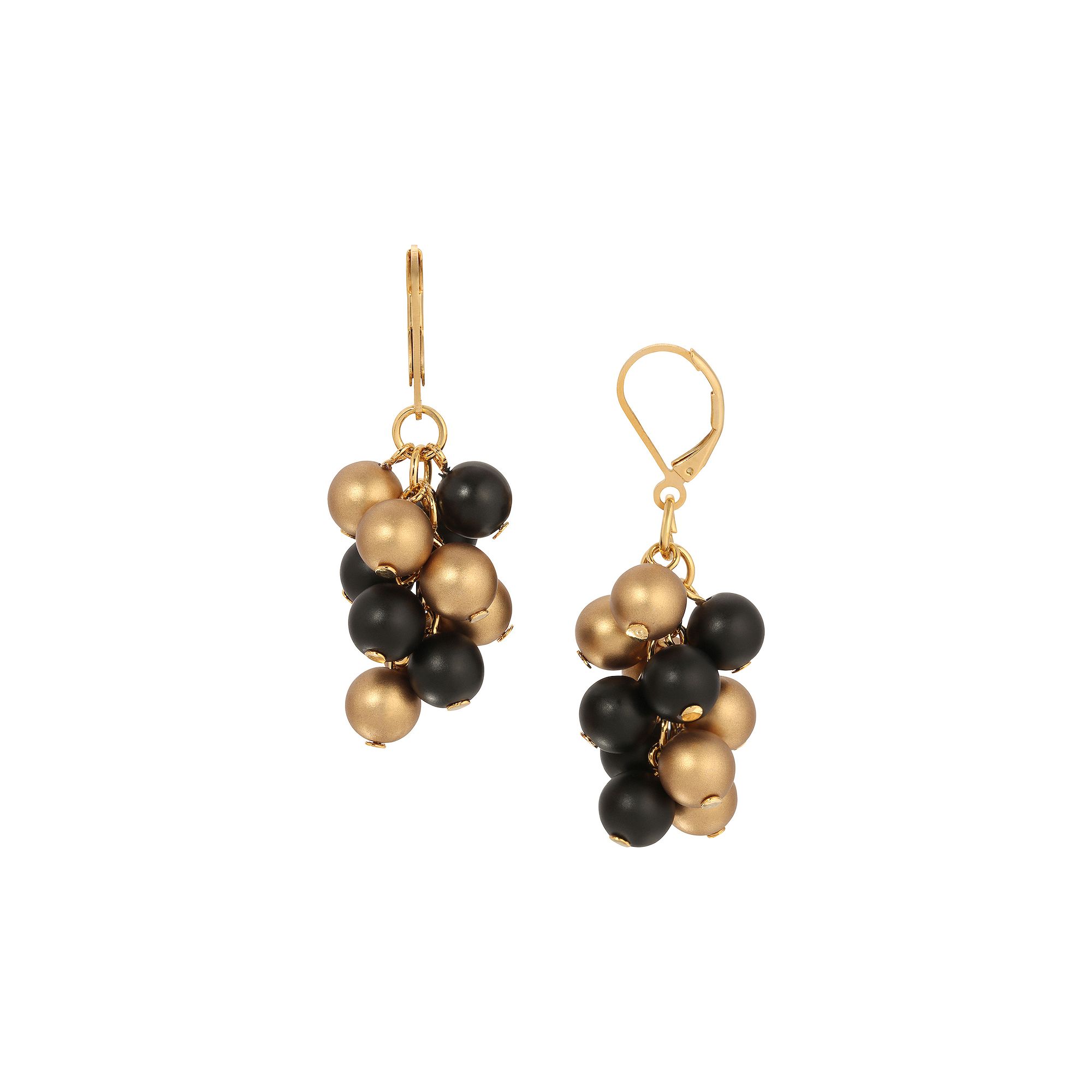 1928 Gold & Black Bead Cluster Drop Earrings, Womens
