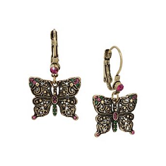 1928 Antique Gold Tone Filigree Butterfly Fushia & Green Leverback Earrings