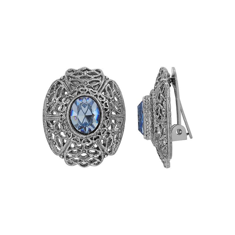 1928 Filigree Crystal Oval Clip-On Earrings, Women's, Blue