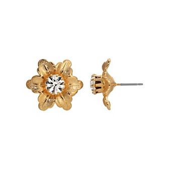 1928 Gold Tone Crystal Flower Stud Earrings