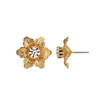 1928 Gold Tone Crystal Flower Stud Earrings