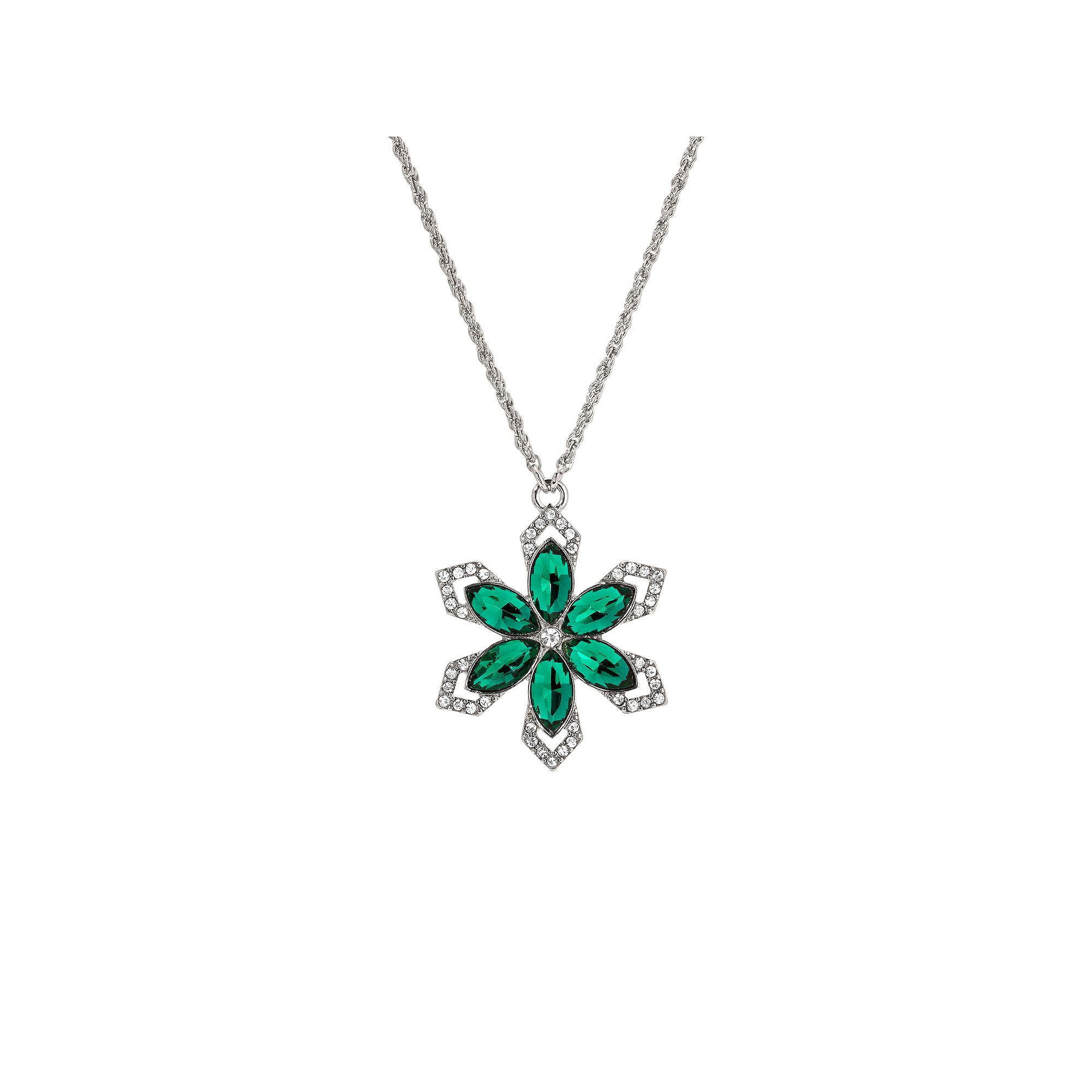 1928 Silver Tone Crystal Small Flower Necklace, Womens, Green