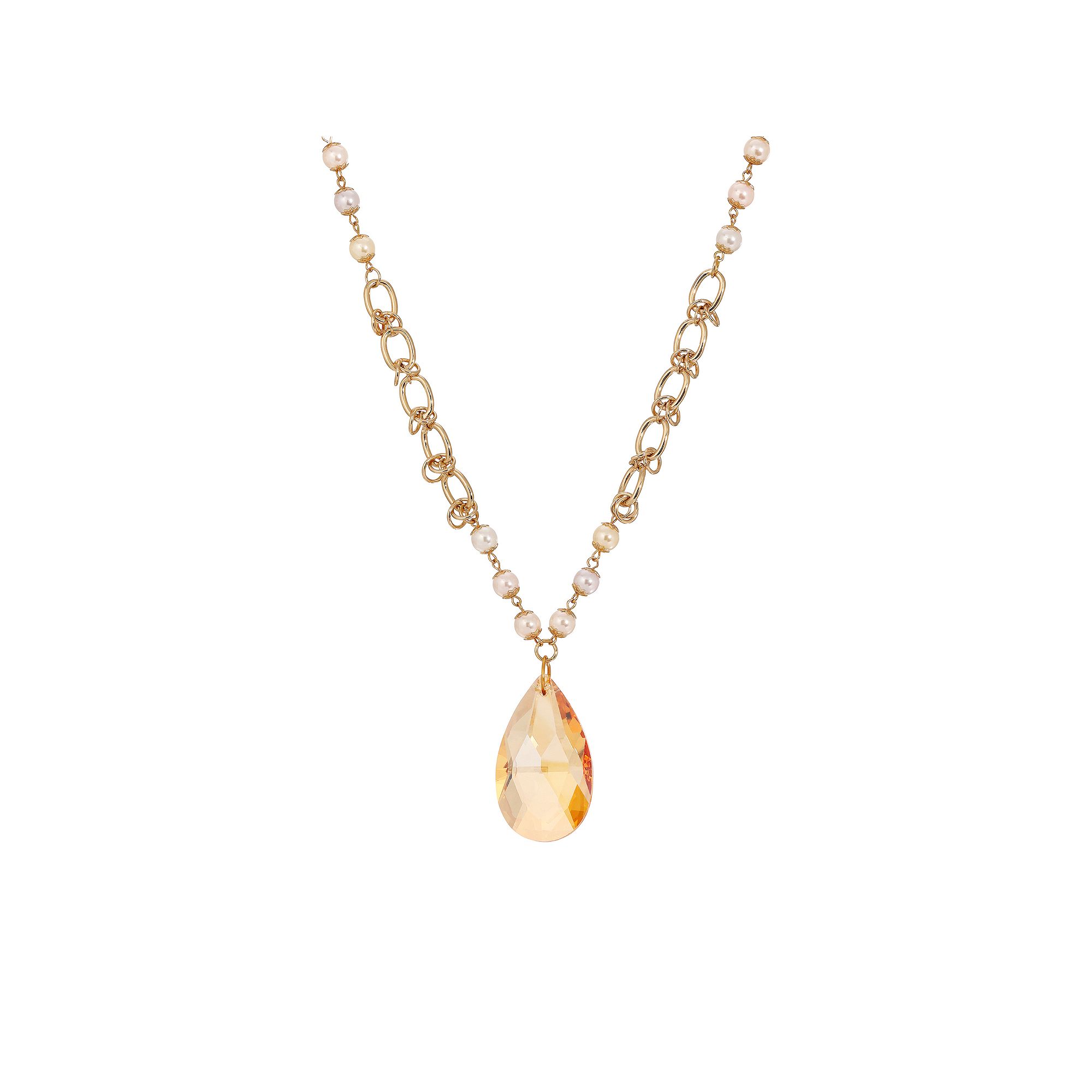 1928 Gold Tone Briolette & Faux Pearl Necklace, Womens, Beige