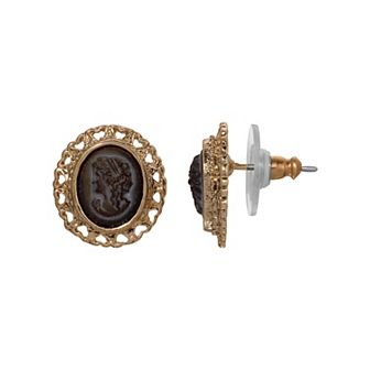 1928 Gold Tone Decal Oval Button Stud Earrings