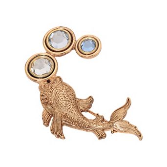 1928 Gold Tone Fish With Multi-Color Crystal Bubbles Brooch