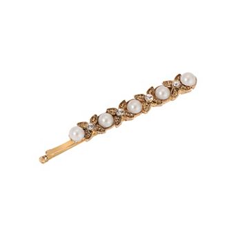 1928 Gold Tone Crystal Glass Stone & Faux Pearl Bobby Pin