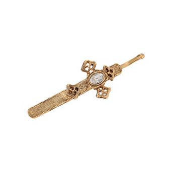 1928 Gold Tone Crystal Glass Stone Cross Bobby Pin