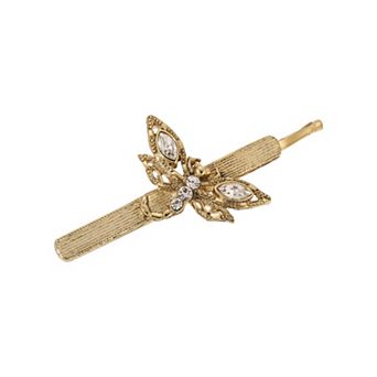 1928 Gold Tone Crystal Glass Stone Dragonfly Bobby Pin
