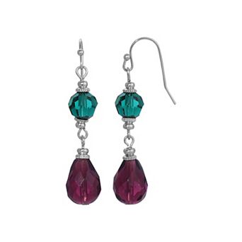 1928 Silver Tone Green & Purple Drop Earrings