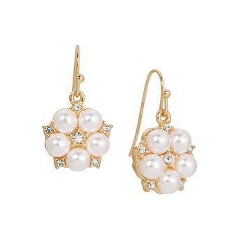1928 Gold Tone Round Faux Pearl Drop Wire Earrings