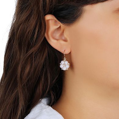 1928 Gold Tone Round Faux Pearl Drop Wire Earrings