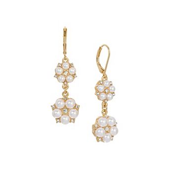 1928 Gold Tone Round Faux Pearl Drop Leverback Earrings