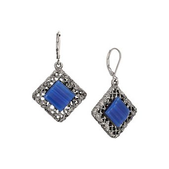 1928 Pewter Blue Glass Stone Leverback Earrings