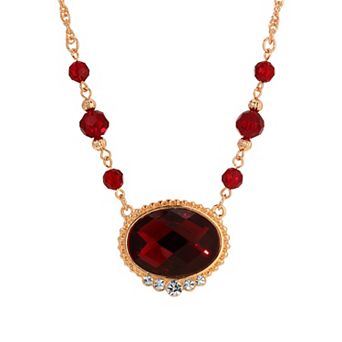 1928 Gold Tone Red Crystal Glass and Bead Necklace