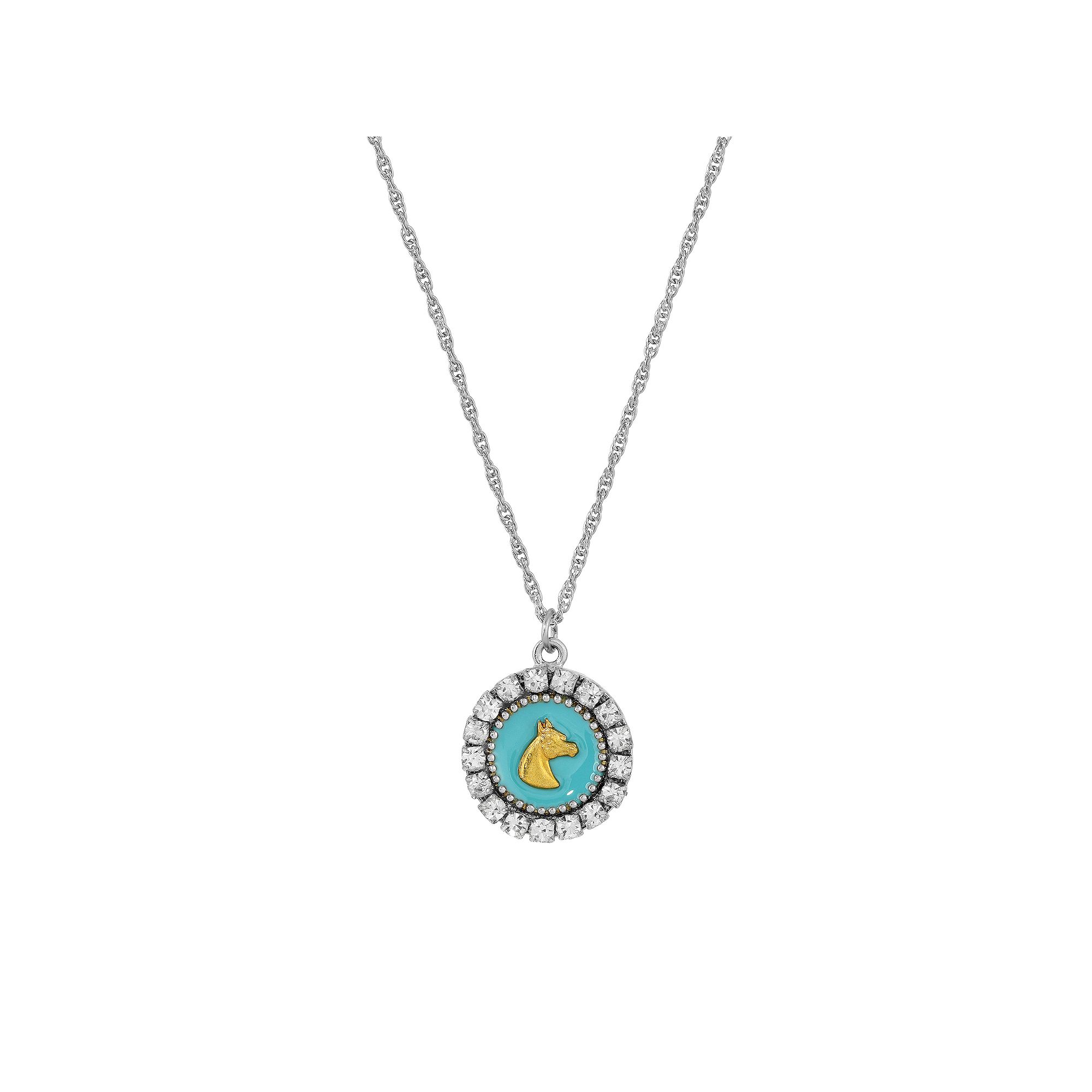 1928 Silver Tone Crystal Aqua Enamel Horse Head Necklace, Womens, Turquois