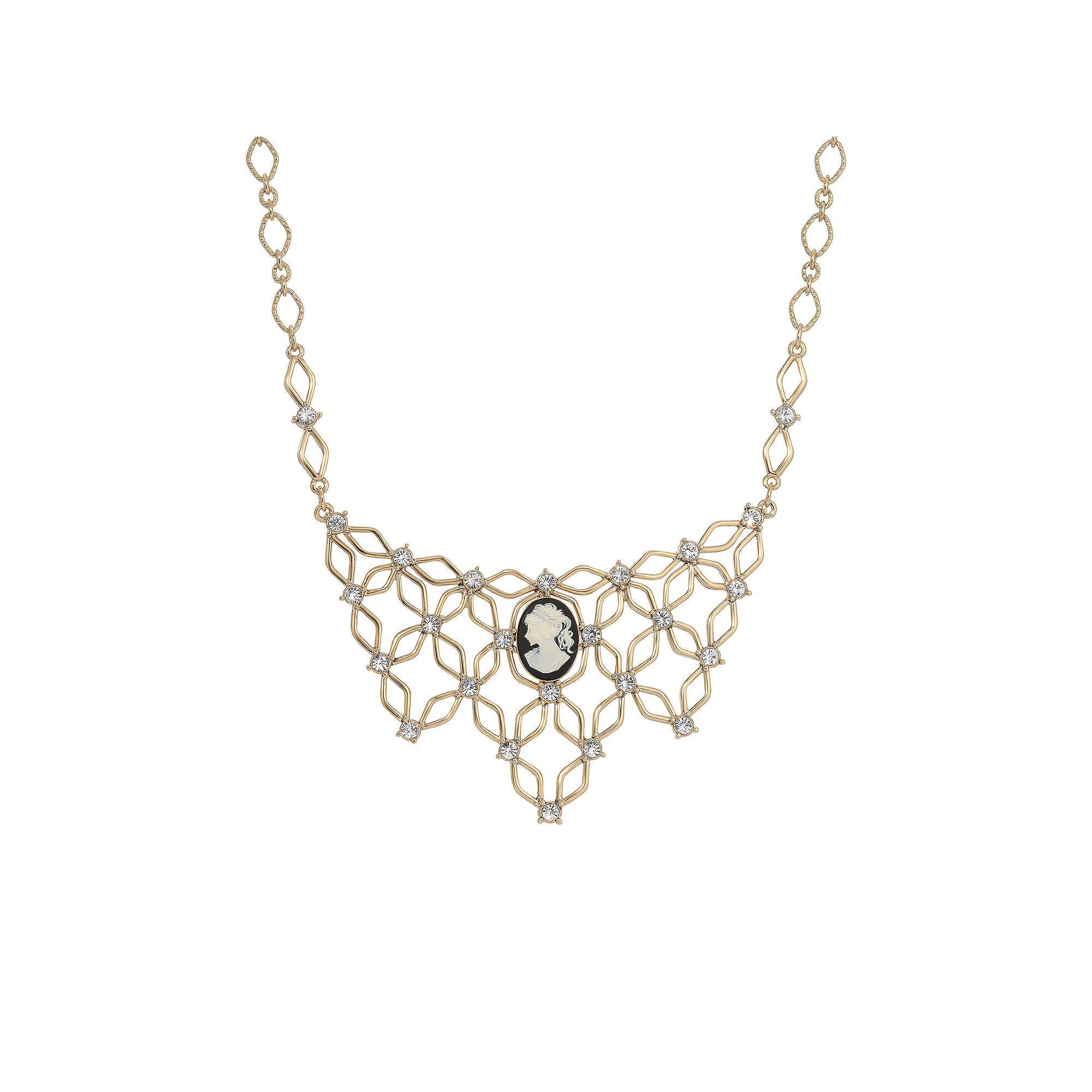 1928 Gold Tone And Crystal Black Cameo Necklace, Womens
