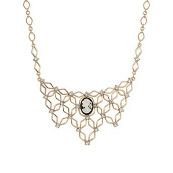 1928 Gold Tone And Crystal Black Cameo Necklace