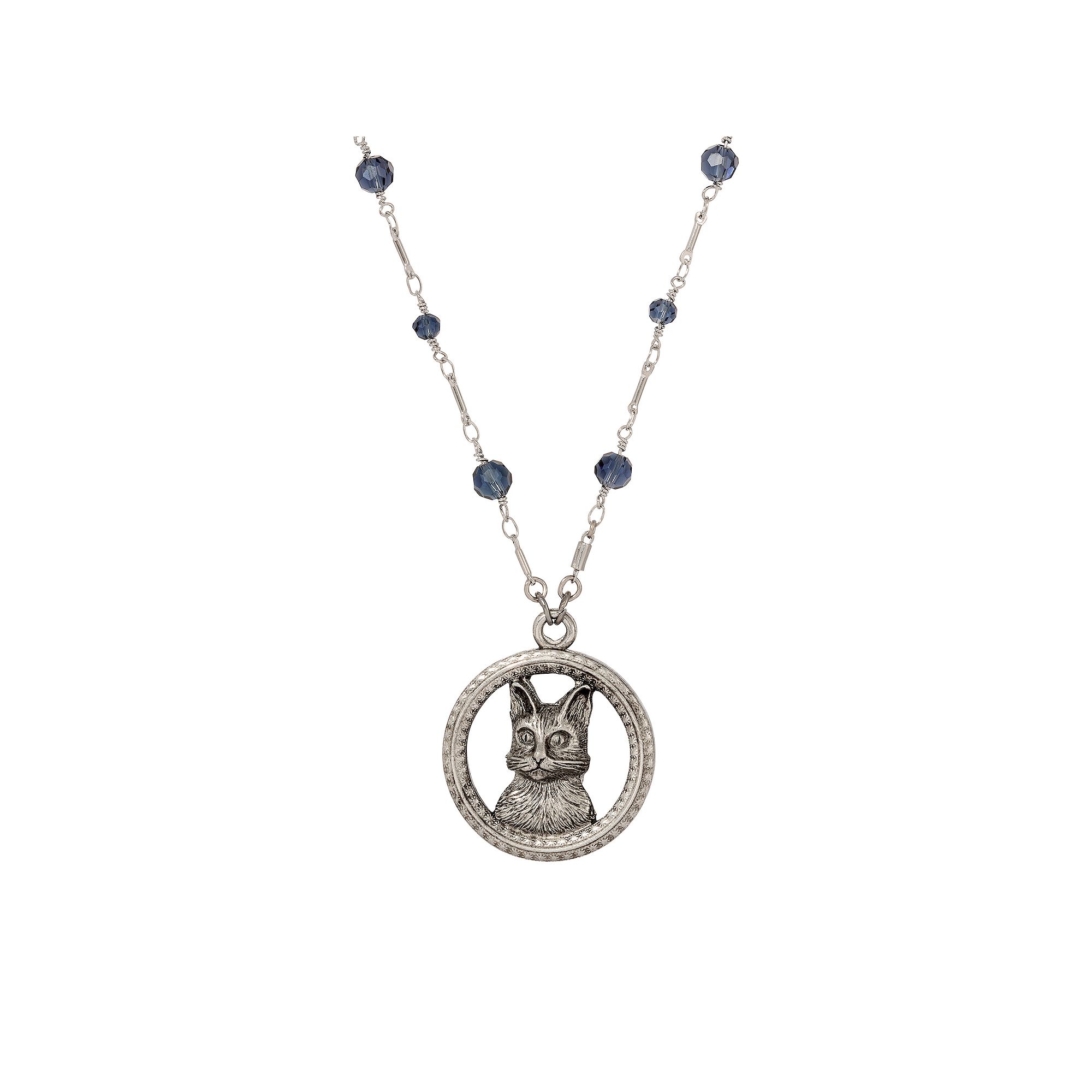 1928 Silver Tone Glass Bead Chain Cat Necklace, Womens, Blue