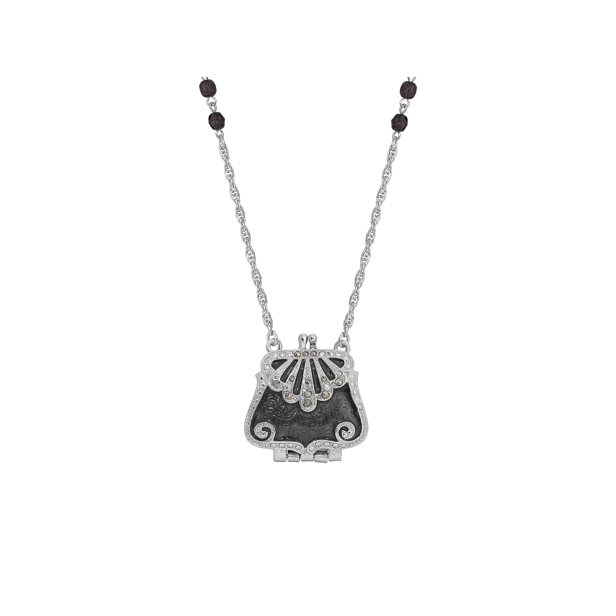 1928 Silver Tone Black Purse Necklace, Womens, Gray