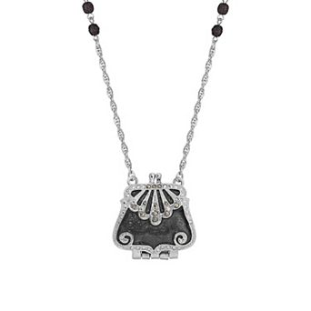 1928 Silver Tone Black Purse Necklace
