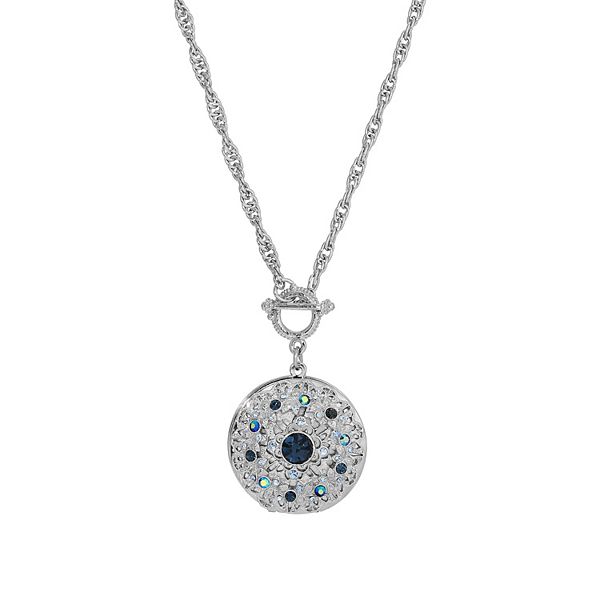 1928 Silver Tone Round Blue Crystal Locket Necklace