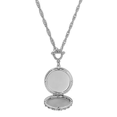 1928 Silver Tone Round Blue Crystal Locket Necklace