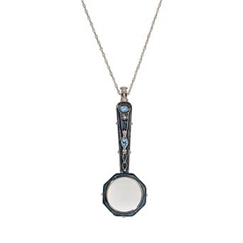 1928 Silver Tone Blue Enamel Magnifying Glass Necklace