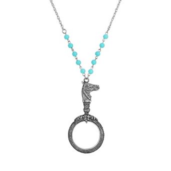1928 Silver Tone Horse Magnifying Glass Light Blue Beads Necklace