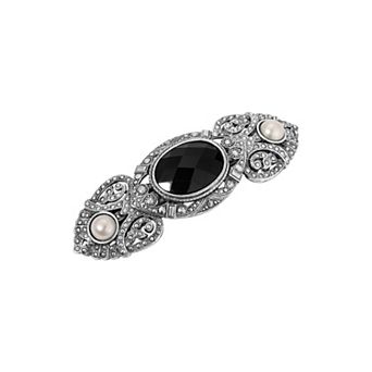 1928 Silver Tone Black Oval Glass Stone Hair Barrette