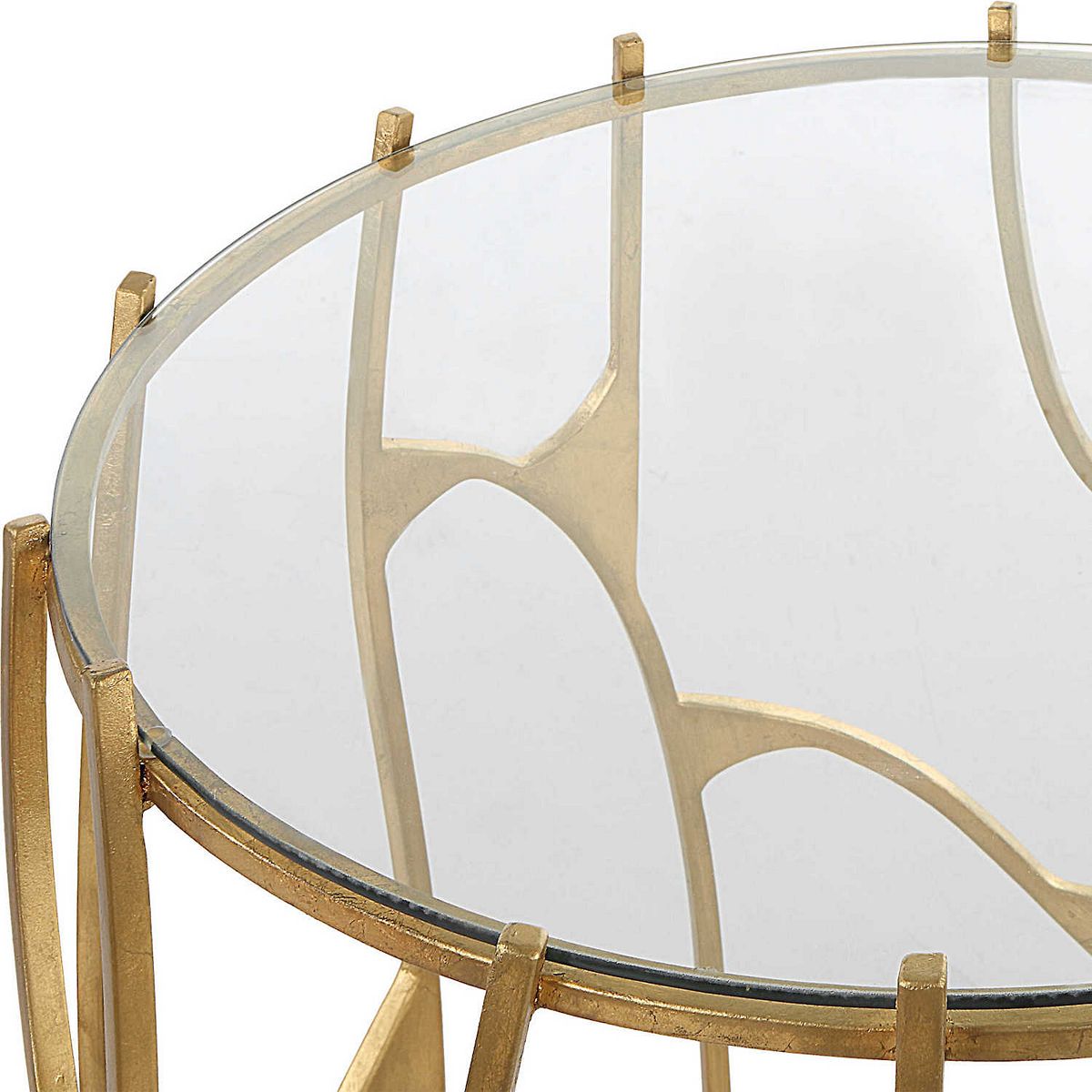 Ritual side table showing gold openwork frame and glass top rim