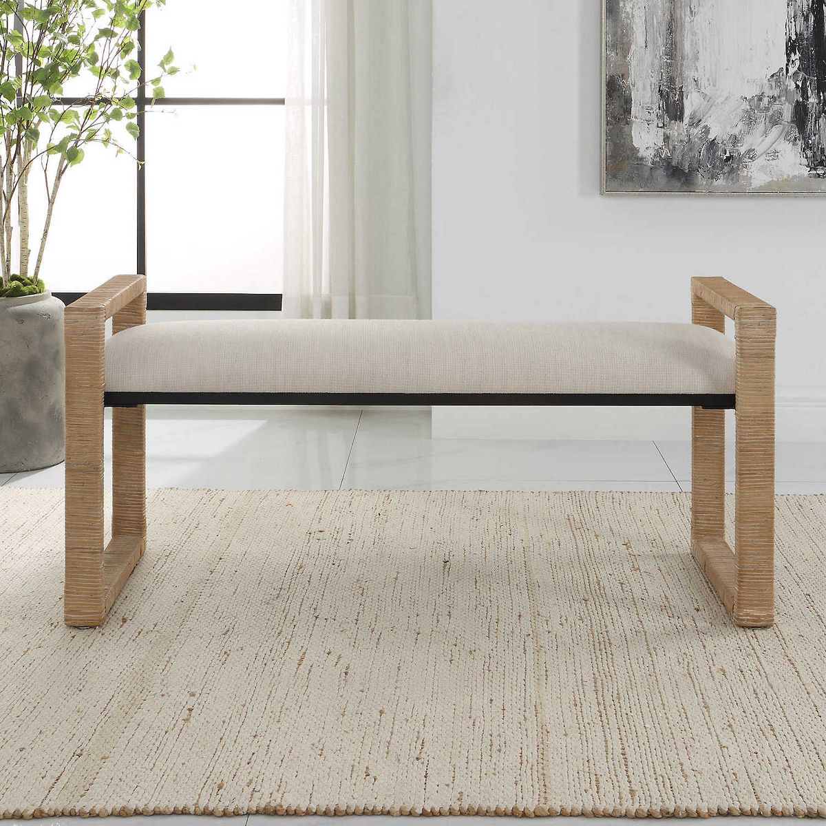 Uttermost Areca bench with cream cushion and woven tan frame