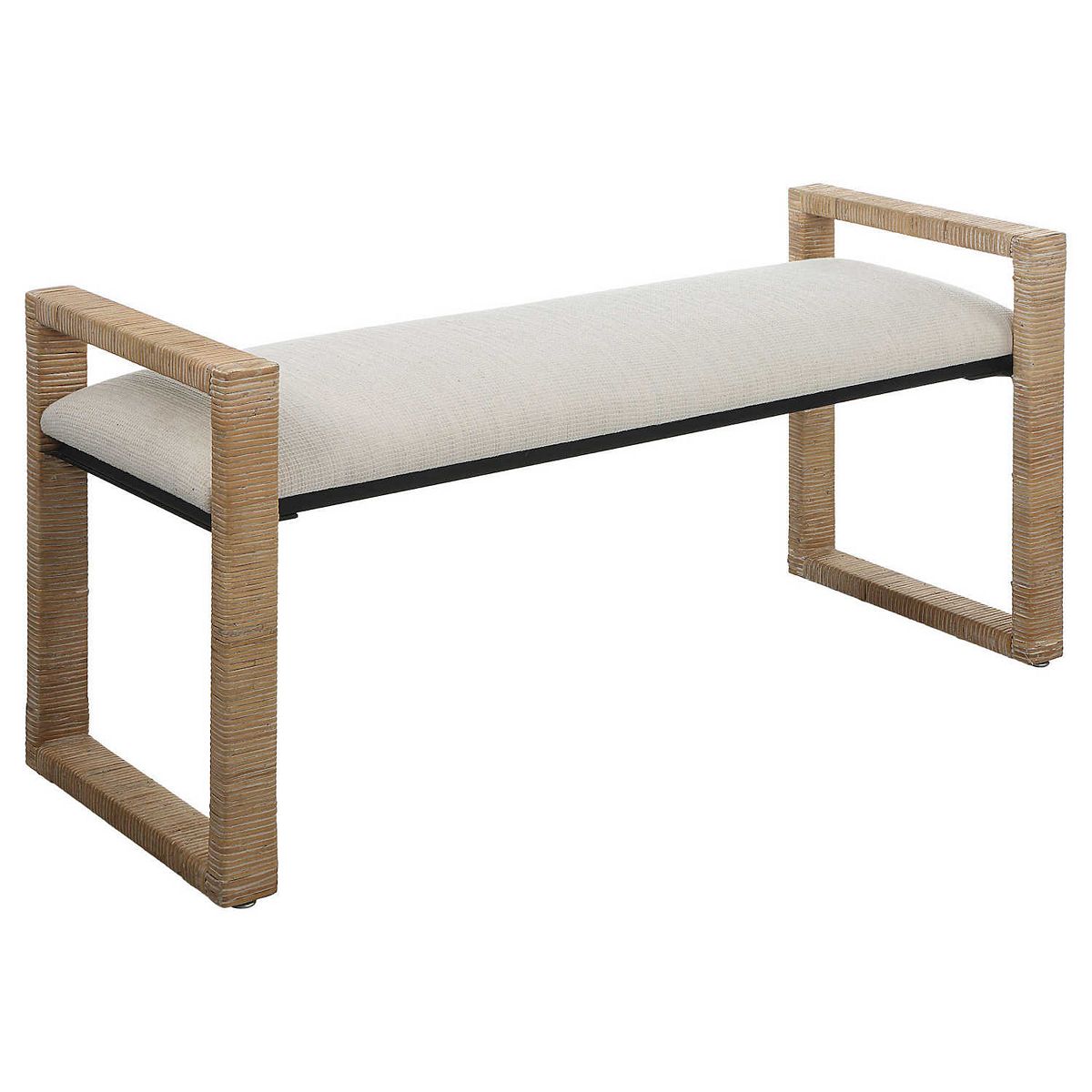 Uttermost Areca bench with cream cushion and tan woven sides