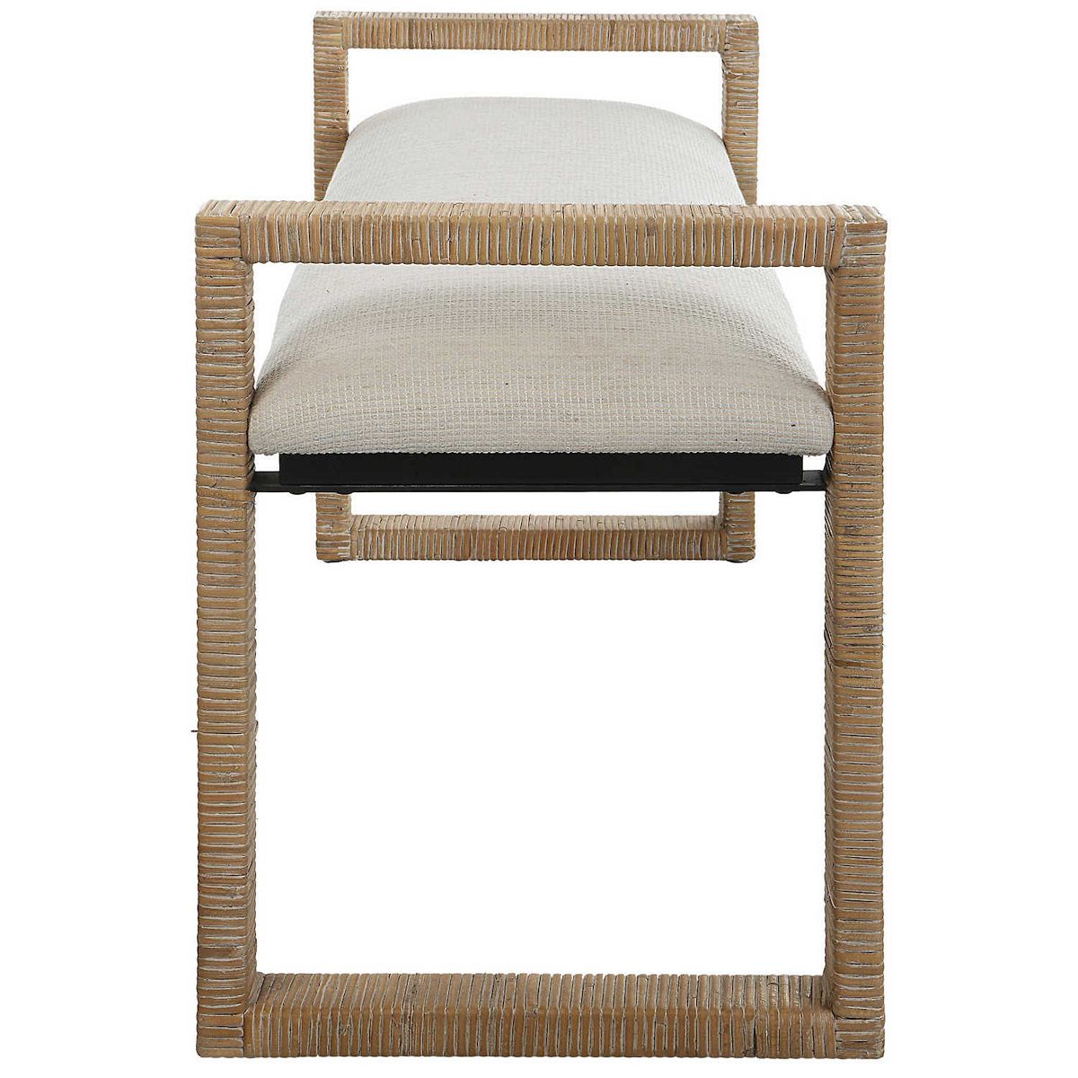 Uttermost Areca bench front view with light cream cushion and woven tan frame
