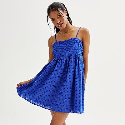 Juniors' Rewind Eyelet Textured Sleeveless Squareneck Mini Skater Dress