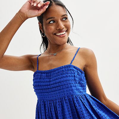 Juniors Rewind Eyelet Textured Sleeveless Squareneck Mini Skater Dress