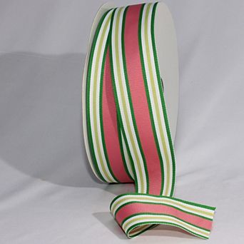 Pink And Green Striped Woven Grosgrain Craft Ribbon 1.75" X 55 Yards