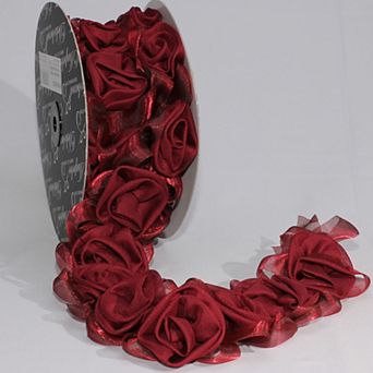 Burgundy Red Roses Woven Sheer Craft Ribbon 2" X 5 Yards