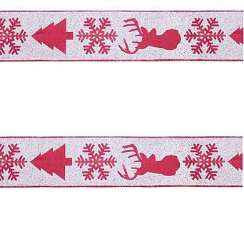 Red And White Deer And Tree Wired Ribbon (set Of 2)