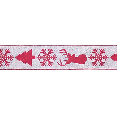 Red And White Deer And Tree Wired Ribbon (set Of 2)