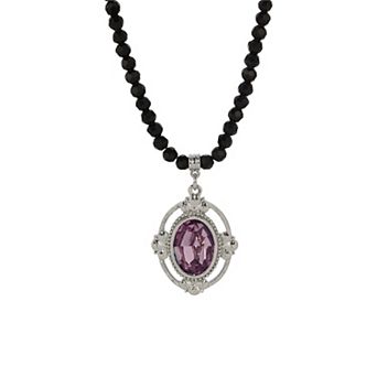 1928 Crystal Faceted Oval Pendant Black Beaded Necklace