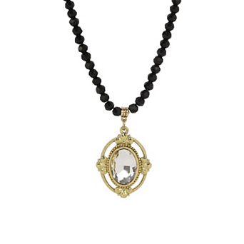 1928 Crystal Faceted Oval Pendant Black Beaded Necklace
