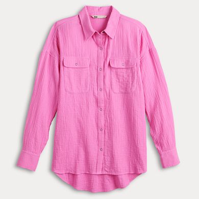 Juniors' SO Crinkly Double Cloth Long Sleeve Button Down Shirt