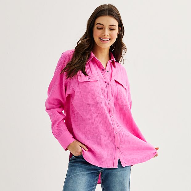 Juniors SO Crinkly Double Cloth Long Sleeve Button Down Shirt