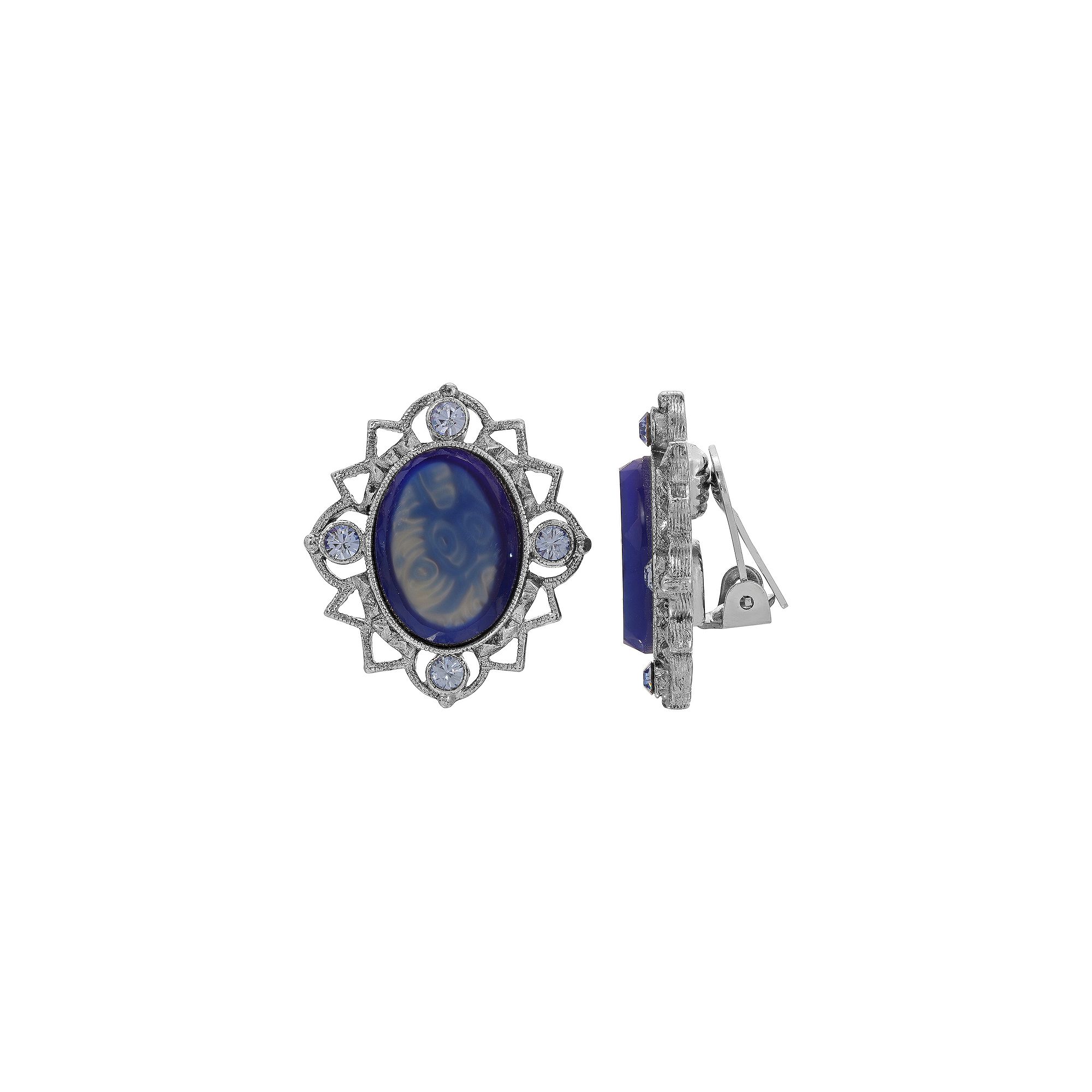 1928 Filigree Oval Glass Stone Clip-On Earrings, Womens, Blue