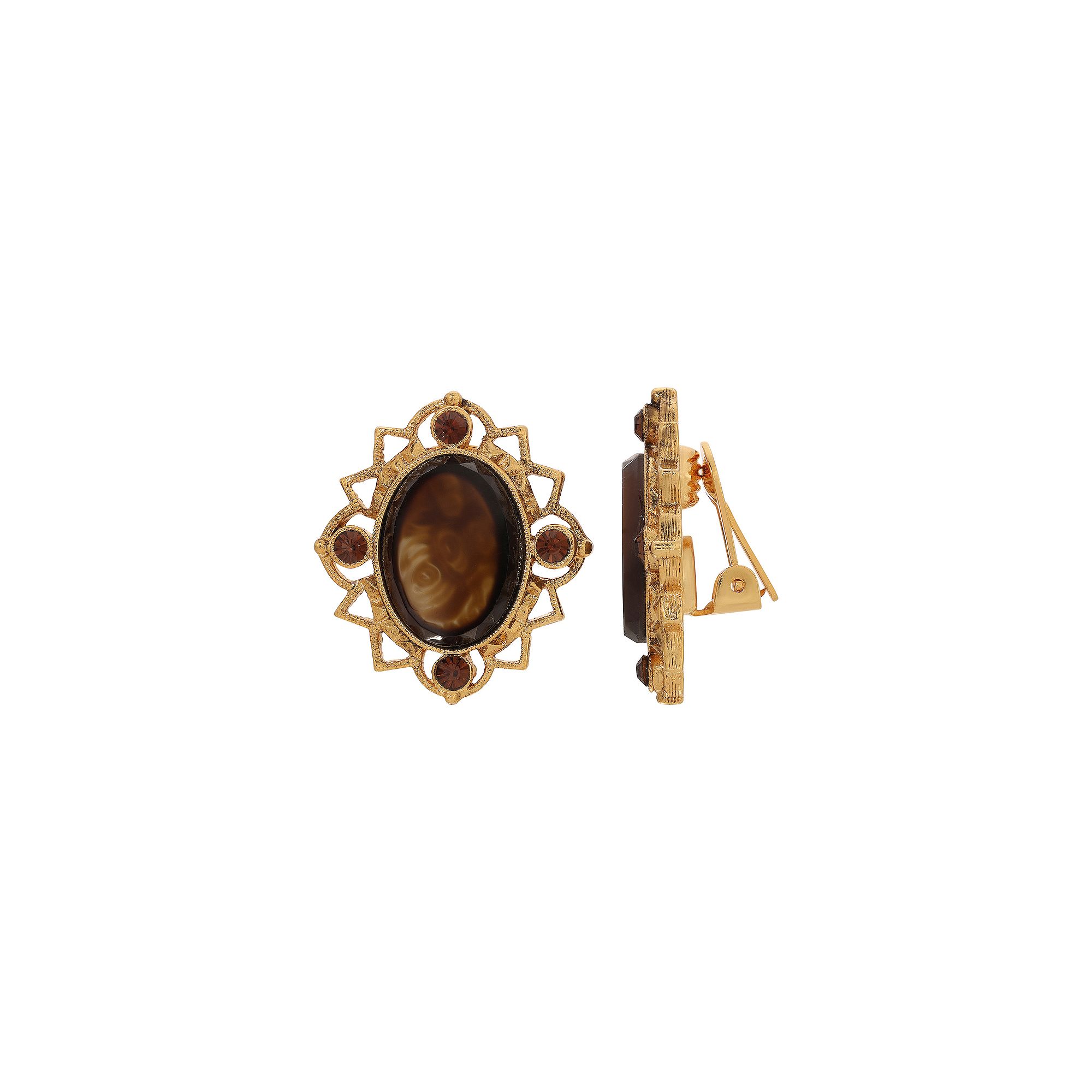 1928 Filigree Oval Glass Stone Clip-On Earrings, Womens, Brown