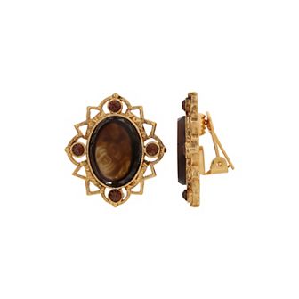 1928 Filigree Oval Glass Stone Clip-On Earrings