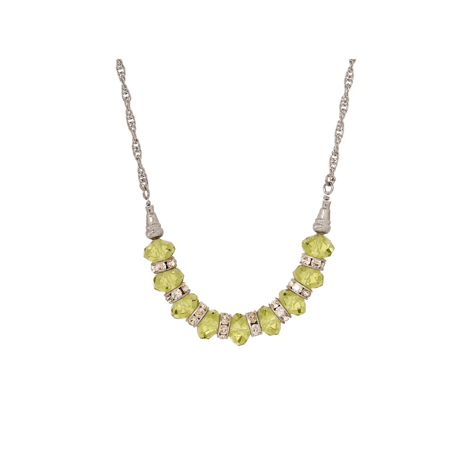 1928 Silver Tone Faceted Glass Bead Crystal Necklace, Womens, Green